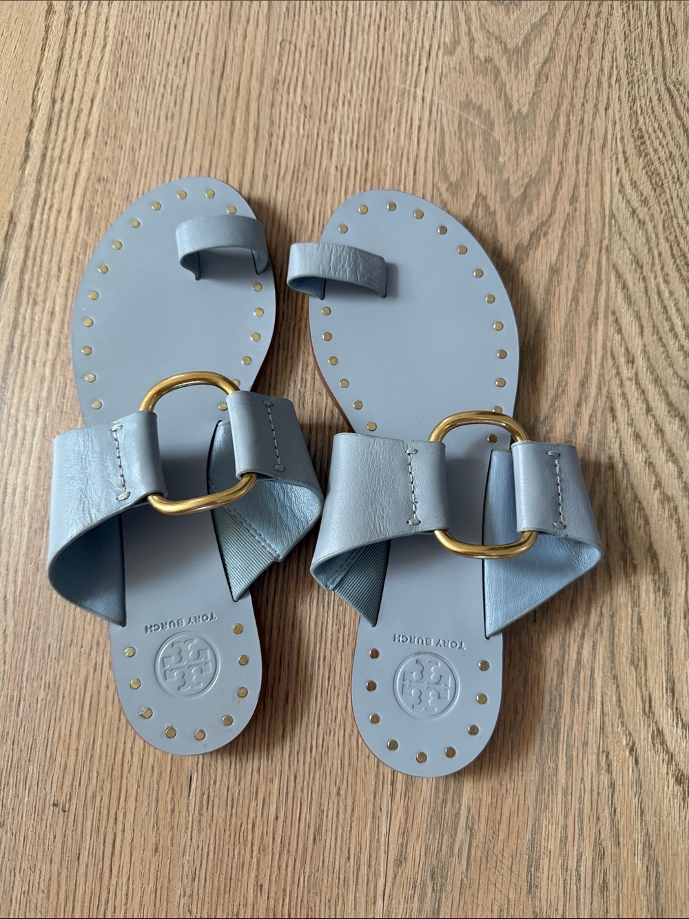 Tory Burch Pale Blue Bow Slide Sandals with Gold Ring Detail